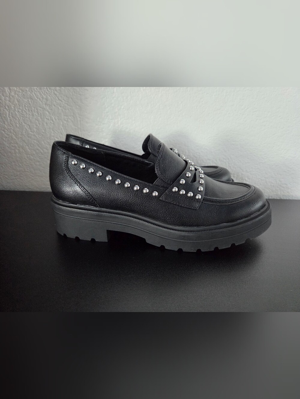 MIA Tillie Black Chunky Heel Studded Loafers Faux Leather Silver Stud